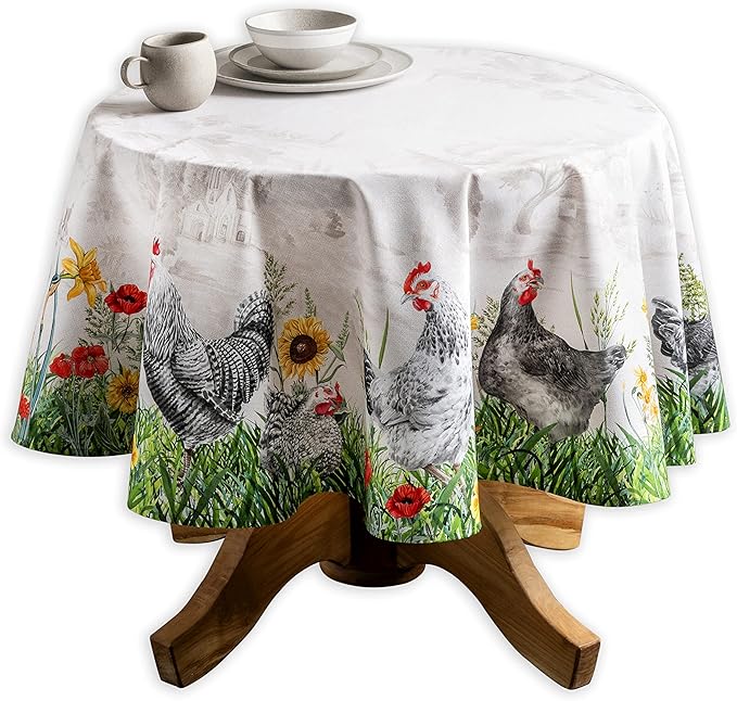Maison d' Hermine Table Cloth Round Table 100% Cotton 63 Round Inches Tablecloth Reusable Decorative for Dining Room Farmhouse Home Valentines Day Decorations Spring Summer - Basse Cour
