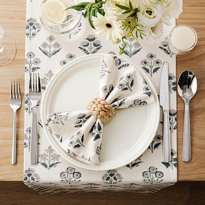 Block Print Floral Decorative Table Runners, 13x60 Inch Grey | 100% Organic - Image 3