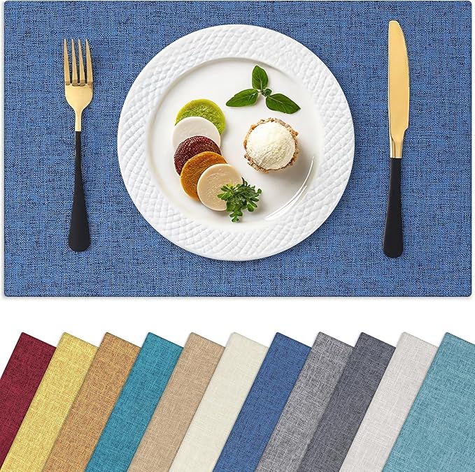 Homaxy Cloths Placemats for Dining Table Set of 8, Heat Resistant Washable Cotton Linen Blend Table Mats, Easy to Clean Place Mats for Indoor Outdoor Party Kitchen Decoration, 13" x 18", Blue