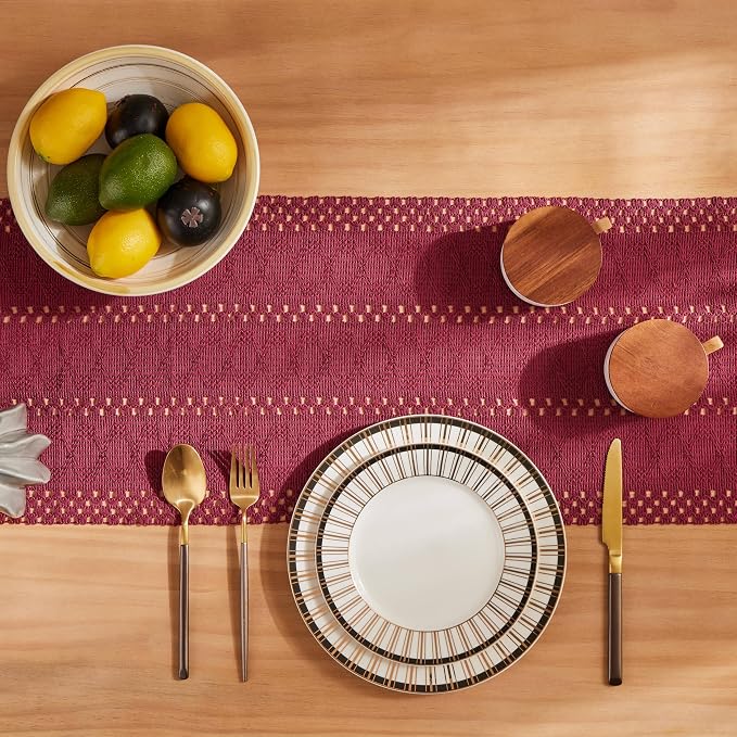 Macrame Style Boho Table Runner, 12x36 Inch Burgundy | Woven Boho Table Runner - Image 4