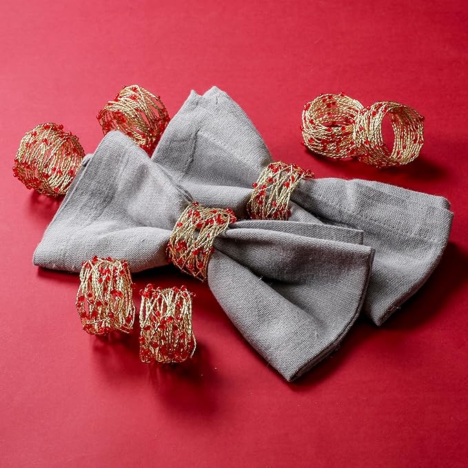 Gold Red Beaded Napkin Ring Set of 12 - Beautiful Fancy Elegant Decorative Napkin Holder for Christmas, Dinner Table Decoration, Farmhouse, Wedding, Party, Family Gathering, New Year & Everyday Use