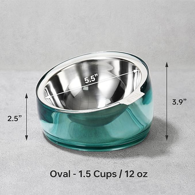 Felli Pet Oblik Acrylic Raised Dog Food Water Bowl Stainless Steel Slanted Oval Dish for Short Leg Puppy & Small Medium Pet, Elevated Tilted Metal Feeder (Classic, 1.5 Cups Oval Dish)