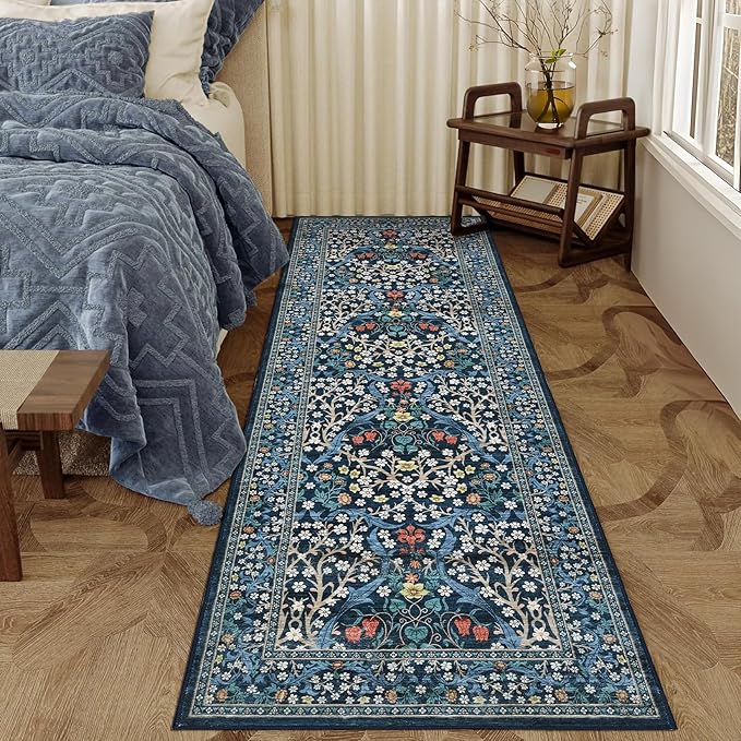 GarveeHome Floral Hallway Runner Rug, 2.5x8 Kitchen Runner Rugs, Washable Non Slip Entryway Rugs Indoor, Ultra-Thin Stain Resistant Carpet Floor Mat for Laundry Room, Dark Blue