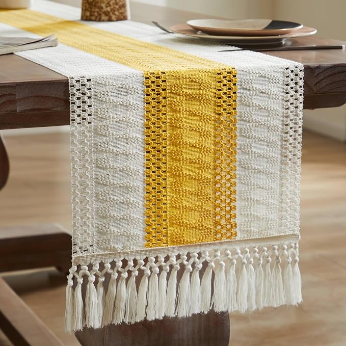 Macrame Style Bicolor Stitching Table Runner 14x60in Mustard | Woven Boho Table - Image 7