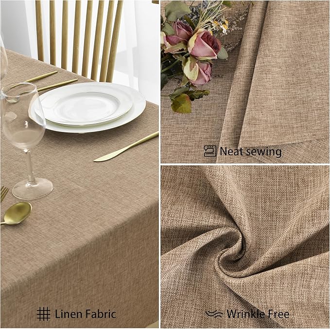 JIUZHEN Faux Linen Farmhouse Tablecloth Rectangular, Wrinkle Stain Resistant Table Cloth Rectangle Table Cover for Kitchen Dining, Holiday Party Dinner, Khaki, 54 x 108 Inch