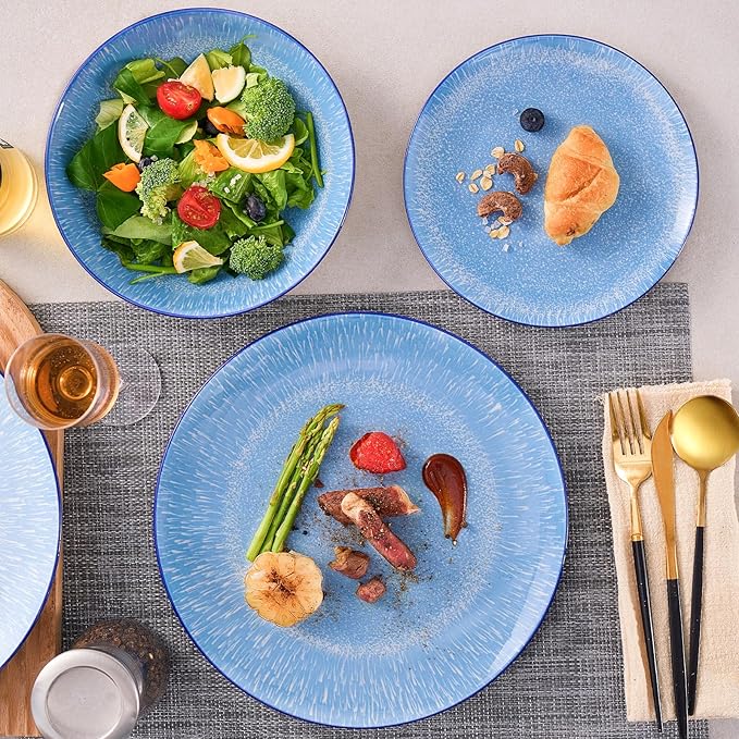Bestone 12-Piece Round Porcelain Dinnerware Set, Service for 4, Chip Resistant Plates and Bowls,Blue, Dishwasher & Microwave Safe for Home Daily Use
