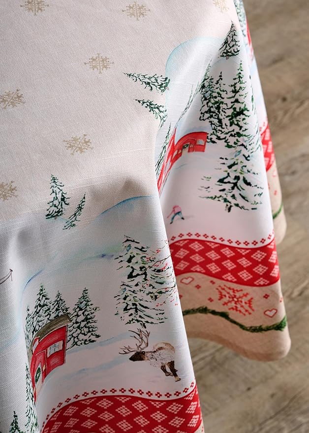 Maison d' Hermine Table Cloth Round Table 100% Cotton 63 Inches Fall Tablecloth Reusable Everyday Use for Thanksgiving Christmas Decorations Dining Farmhouse Party (Rural Christmas)