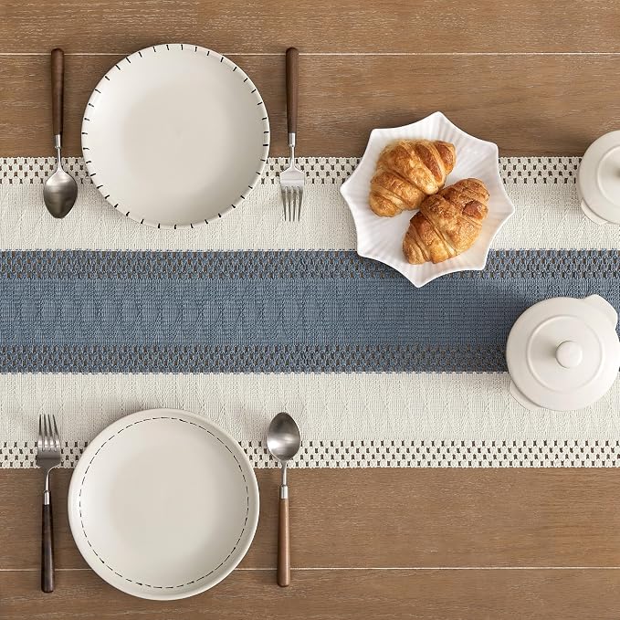 Macrame Style Bicolor Stitching Table Runner 14x60in Navy | Woven Boho Table - Image 5