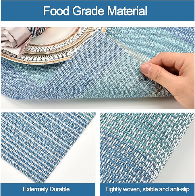 SLKQG Placemats Set of 8 - Easy Clean Washable Vinyl Placemats - Wipeable Heat Resistant Table Mats for Dining Table - 17.7x11.8 Inch (8, Blue Gradient)