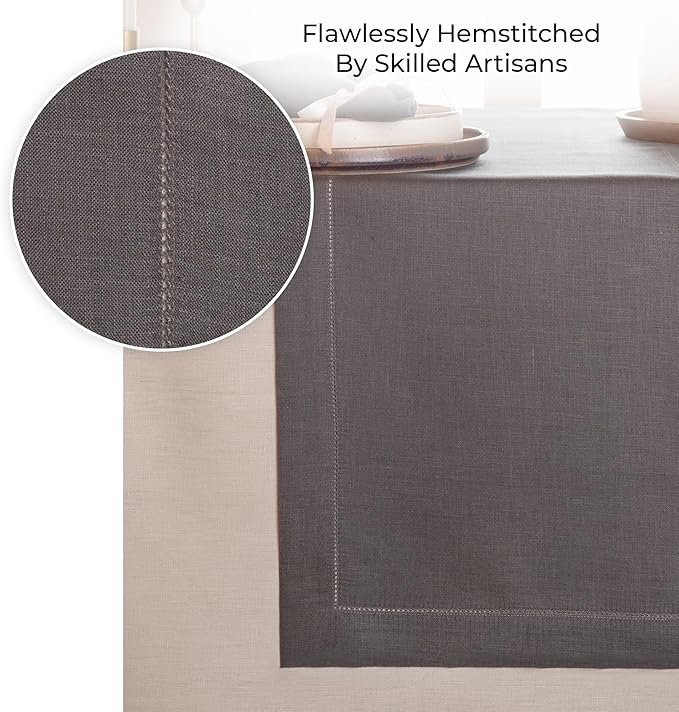 D'Moksha Homes Linen Charcoal Grey Table Runner 90 Inches Long - Classic Hemstitch 100% Pure Linen Dining Table Runner 14 x 90 Inch for Spring, Easter