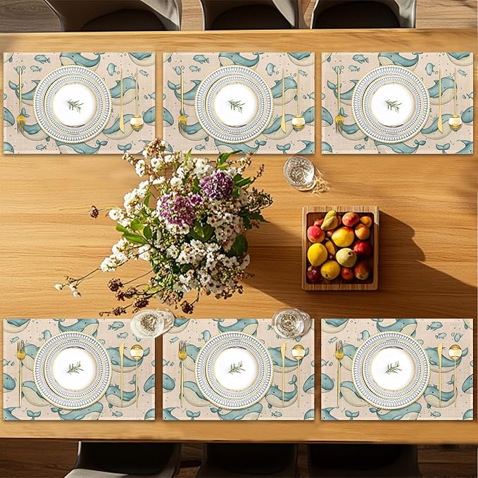 Placemats Set of 6,Cute Whale Table Mats,Sea Animal Washable Linen Table Mats,Non-Slip Heat Resistant Placemats for Party Kitchen Dining Indoor Outdoor 12"x18"