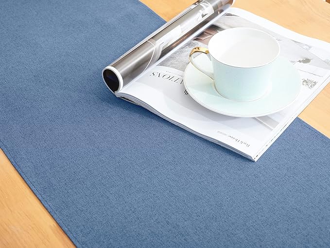 Vintage Blue Table Runner 13x108 Inches Long, Cotton Linen Farmhouse Style Seasonal Dresser Scarf for Kitchen Dining Coffee Table Parties Wedding Home Decor (13” x 108”, Vintage Blue)