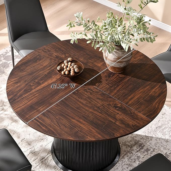 T4TREAM 47" Fluted Round Dining Table for 4-6, Mid-Century Modern Kitchen Table with Thickened Edge & Cylindrical Base for Dining Room, Kitchen, Living Room,Walnut & Black(Table Only)