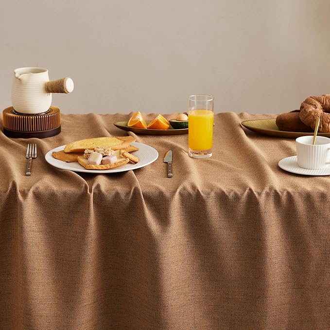 Linen Tablecloth for Rectangle Table, 60x84 Inch Caramel, Farmhouse Style Brown Tablecloth, Water Resistant Burlap Tablecloths for Dining Table Farmhouse Kitchen