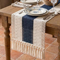 Boho Macrame Table Runner with Tassels 72in Blue Farmhouse Runner | Macrame by Xiomot