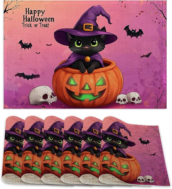 Halloween Pumpkin Placemats Set of 6,Trick or Treat Placemats Washable Kitchen Dining Linen Table Mats Stain Heat-Resistant for Home Party Indoor 12x18 inch