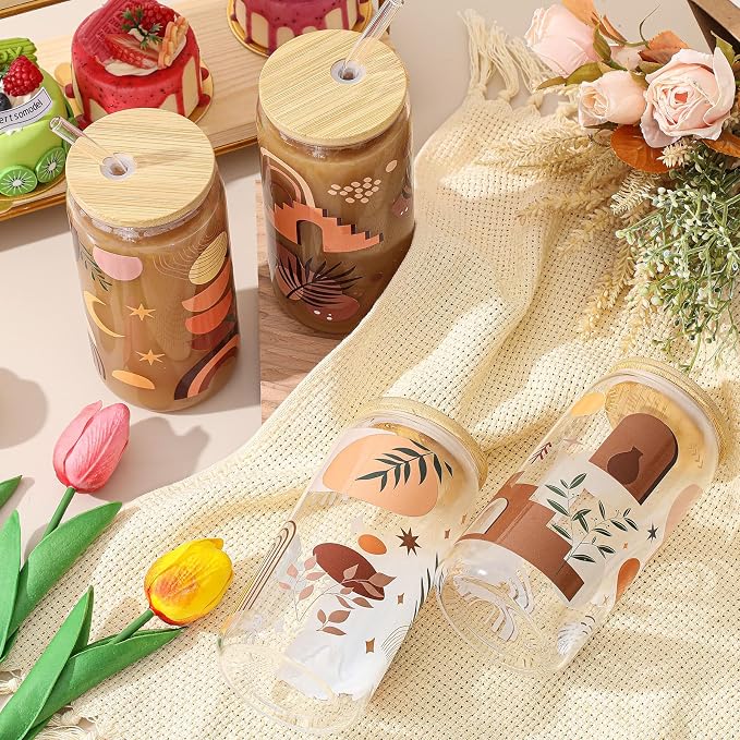 Mumufy 4 Pack Wildflower Glass Cups Gift Aesthetic Cute Glass Cup Tumbler - Image 5