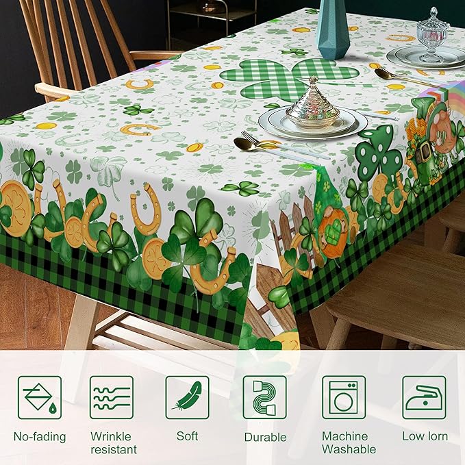 St. Patrick's Day Tablecloth, Rectangular 60 x 84, Polyester, Waterproof, Wrinkle Resistant, Heat Stain Resistant, Shamrock Gnome Leprechaun Design, Fits 4-8 People