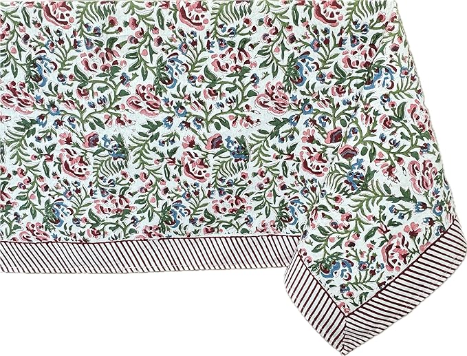 ATOSII Ambrosia 100% Cotton Rectangle Boho Spring Summer Tablecloth, Handblock Floral Table Cloth Linen for Kitchen Dining Parties Wedding Outdoors Easter Decor 60 X 108 Inches I 8 Seater