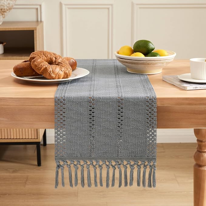 Macrame Style Boho Table Runner, 12x108 Inch Light Blue Grey | Woven Boho Table - Image 2