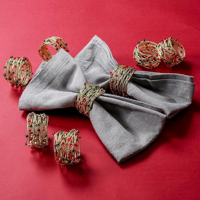 Gold Red Green Beaded Napkin Ring Set of 12 - Beautiful Elegant Decorative Napkin Holder for Christmas/Dinner Table Decoration/Farmhouse/Wedding/Party/Family Gathering/New Year & Everyday Use
