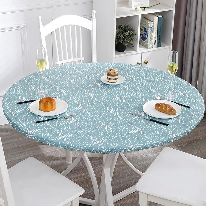 Walrus Round Vinyl Fitted Tablecloth with Flannel Backing Elastic Edge Design Table Cover Waterproof Oil-Proof PVC Table Cloth Stain-Resistant Best for 37"-44" Round