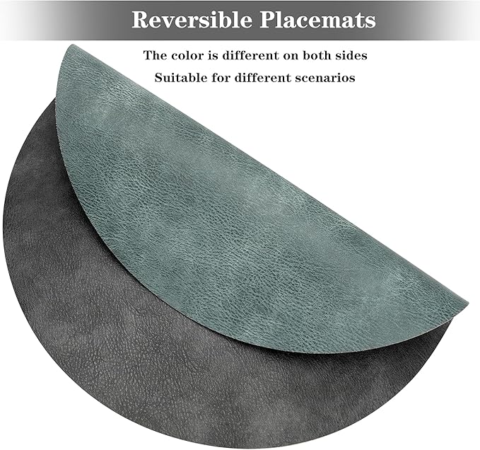Round Placemats and Coasters Set of 8, Washable Reversible Faux Leather Placemats Cowhide Pattern Place Mats Wipeable Non-Slip 15 inch Round Kitchen Dining Table Mats (Gray Blue Green, 8)