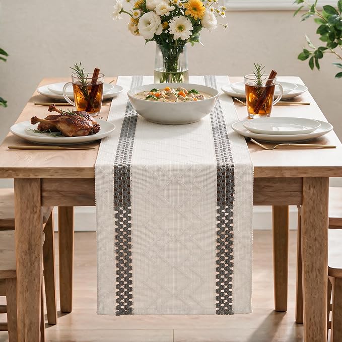 Artoid Mode Dark Grey Stripe Woven Rustic Table Runner 12x36 Inch | Holiday - Image 2