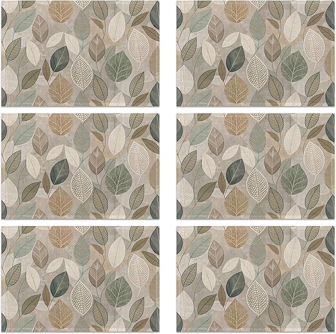 Boho Green Leaves Placemats Set of 6, Seasonal Summer Plastic Linen Washable for Christmas, Thanksgiving, Party, and Dining, Decorative Table Mats for 4-6 Person Table