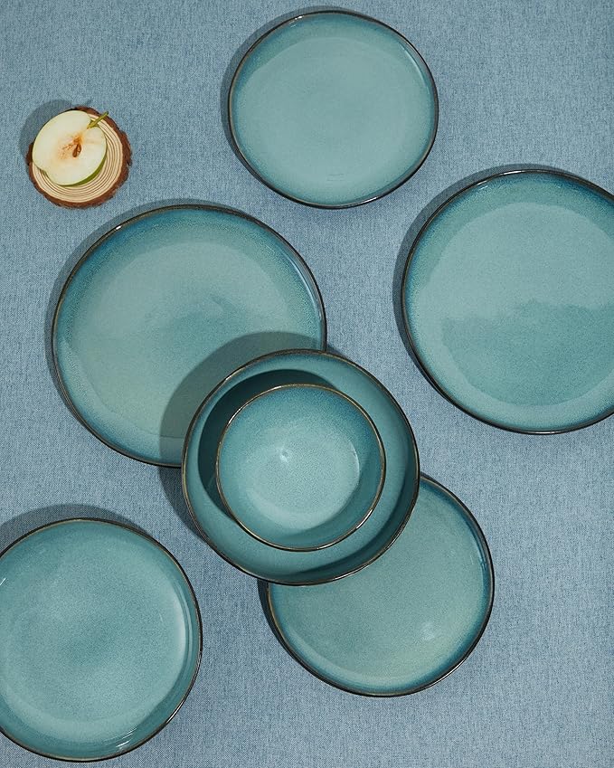 32 Piece Dinnerware Set for 8 with Pasta Bowls, Green Black Reactive Glaze Stoneware | All‑in‑One Host Set for Entertaining, Holiday Meals, Multi‑Course Dinners | Unique Irregular Coastal Look