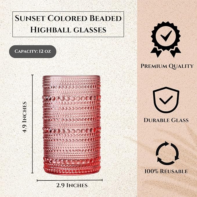 Khen Hobnail Beaded Highball Drinking Tumbler Glasses | Set of 5 | Color - Image 4