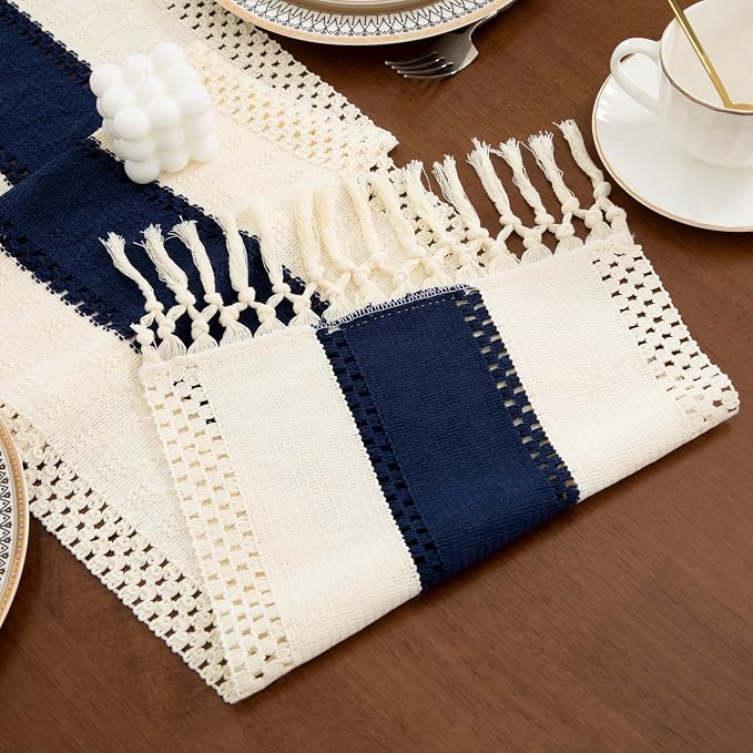 Boho Blue Table Runner, 12x36 Inches | Tassels, Summer Farmhouse, Woven Cotton - Image 3