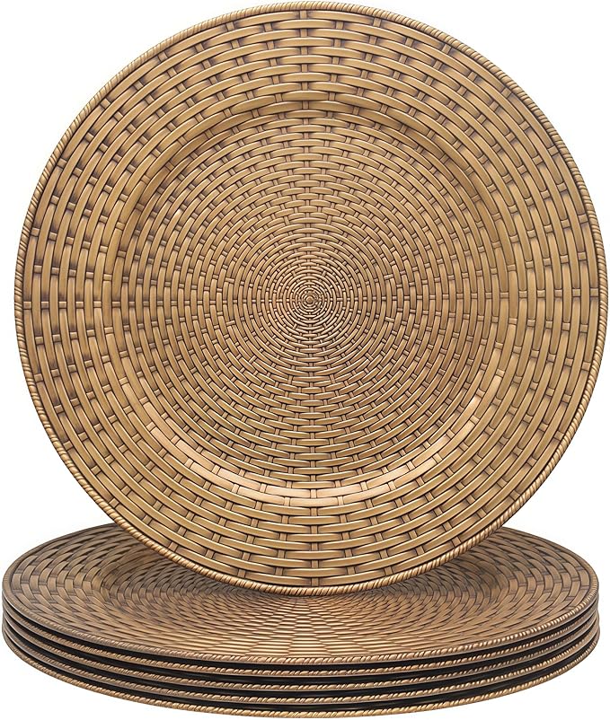 13 Inch Antique Gold Charger Plates Set of 6 Round Plastic Plates Matte Finish Faux Rattan Woven Texture Charger plates for Wedding Party Christmas (262)