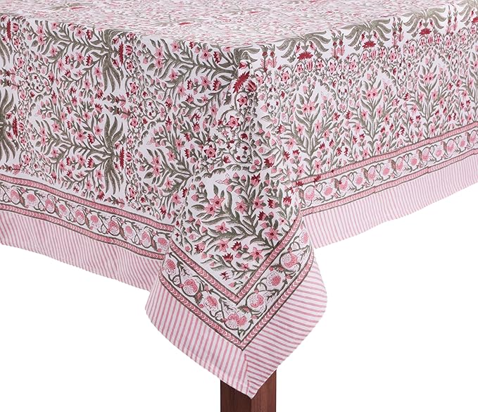 ATOSII Nargis Pink 100% Cotton Rectangle Boho Spring Tablecloth, Handblock Floral Table Cloth Linen for Kitchen Dining I Parties Wedding Outdoors Easter Holidays Home Decor 60 X 90 Inches I 6 Seater