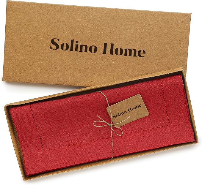Solino Home 100% Pure Linen Table Runner Red, Classic Hemstitch 14 x 72 in | - Image 5