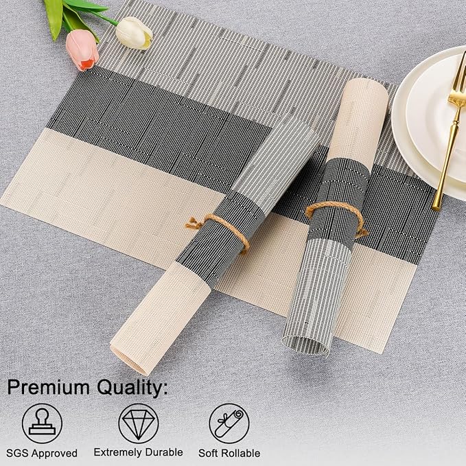 Placemats Set of 6, Vinyl Woven Place Mats Indoor Set of 6 Washable Wipeable PVC Table Mats Heat-Resistant Non Slip Plastic Placemat for Kitchen Dining Outdoor Table (Beige Black, Set of 6)