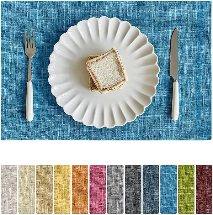 Softalker Faux Linen Placemats Set of 4-12 x 18 Inch, Heat Resistant Double Layered Durable Burlap Farmhouse Place Mats, Non-Slip Washable Rustic Table Mats for Dining, Kitchen, Party（Sky Blue