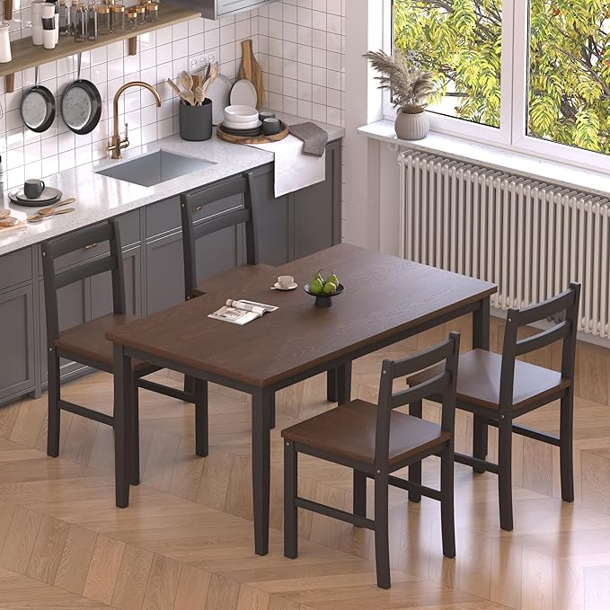 5 Piece Dining Table Set, Solid Wood Dining Table Set for 4, Farmhouse Table and 4 Chairs Set, 43.3'' Rectangular Kitchen Table Set for 4, Brown & Black