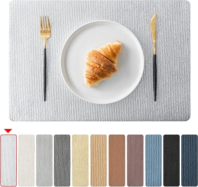 Jovono Faux Leather Placemats Set of 8, Waterproof Washable Table Mats, Easy-Clean Heat Resistant Kitchen Vinyl Place Mat for Dining Table, Wedding, Holidays, Indoor, 17.8"x11.8", Silver