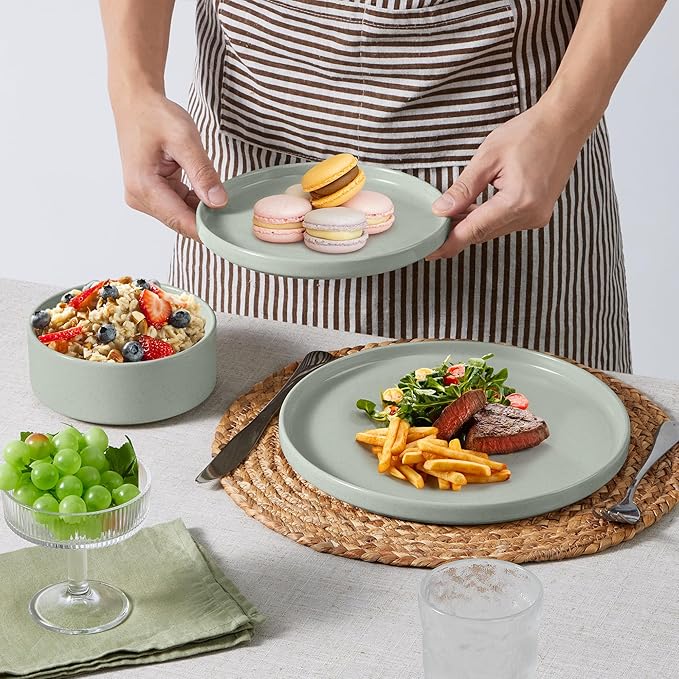 E-far 16-Piece Plates and Bowls Sets - Stoneware Dinnerware Sets with Pasta Bowls for 4 | Microwave & Dishwasher Safe Kitchen Modern Dish Set, Speckled Green