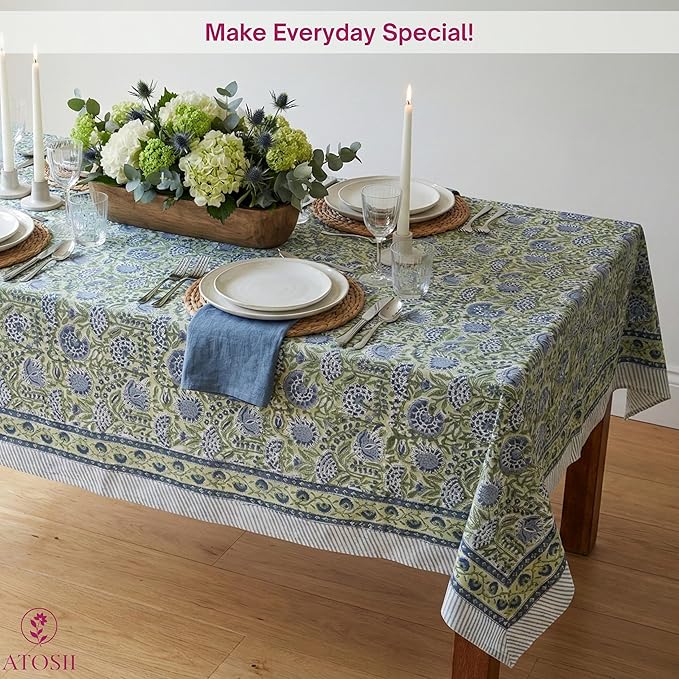 ATOSII Amara 100% Cotton Fall Tablecloth, Handblock Floral Print Rectangle Linen for Kitchen Dining I Parties Wedding Outdoors Picnics Easter I Spring Summer 72 X 108 Inches I 8 Seater Table