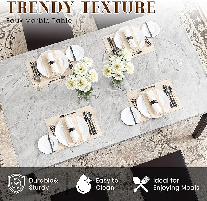 Hooseng Dining Table Set for 4, Faux Marble Small Kitchen Table Chairs Set of 4 with Luxurious Button Tufted Dinner Chairs for Kitchen and Dining(Brown)