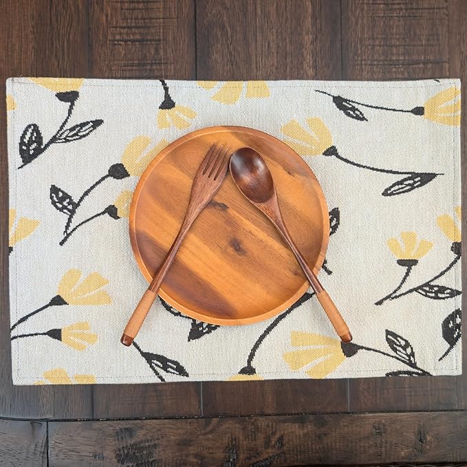 DaDa Bedding Yellow Fleur Floral Botanical Dining Table Placemats - Set of 4-Pieces Tapestry Spring Time Golden Orange Floral Garden Design - Decorative Cotton Linen Woven Kitchen Mats - 13” x 19”