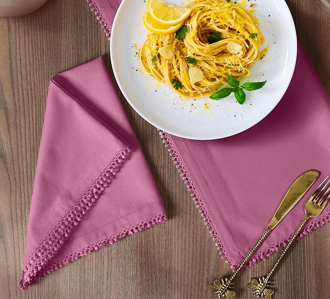 Bedding Craft Cotton Cloth Dinner Napkins Set of 12 – 18x18 Wild Orchid Pink with Decorative Lace Selvedge – Elegant Machine Washable Fabric Napkins for Weddings, Parties, Baby Showers & Table Décor
