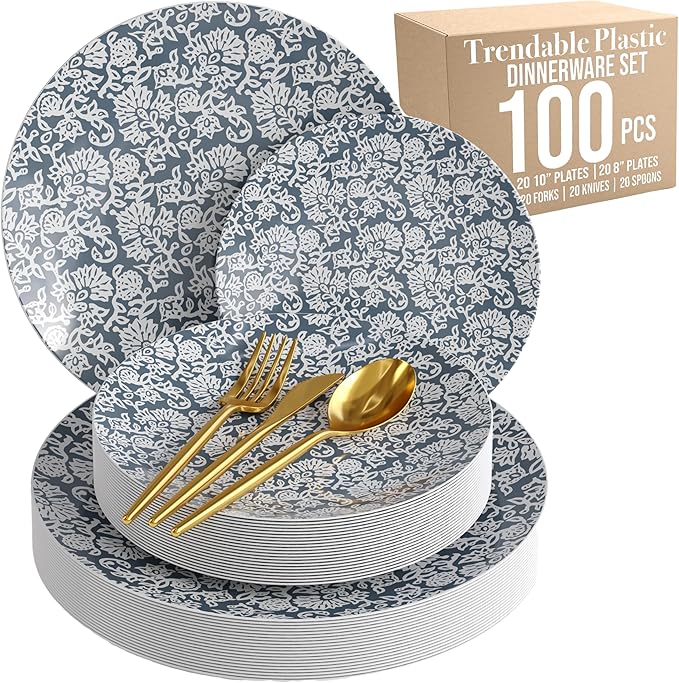 Trendables Fancy Plastic Dinnerware Sets 100 Pc 20 Guests Gold Silverware Disposable 20 X 10 Inch Charger Plates 20 X 8 Inch Dessert Plates 20 x Gold Plastic Forks and Spoons Knives In Garden Damask