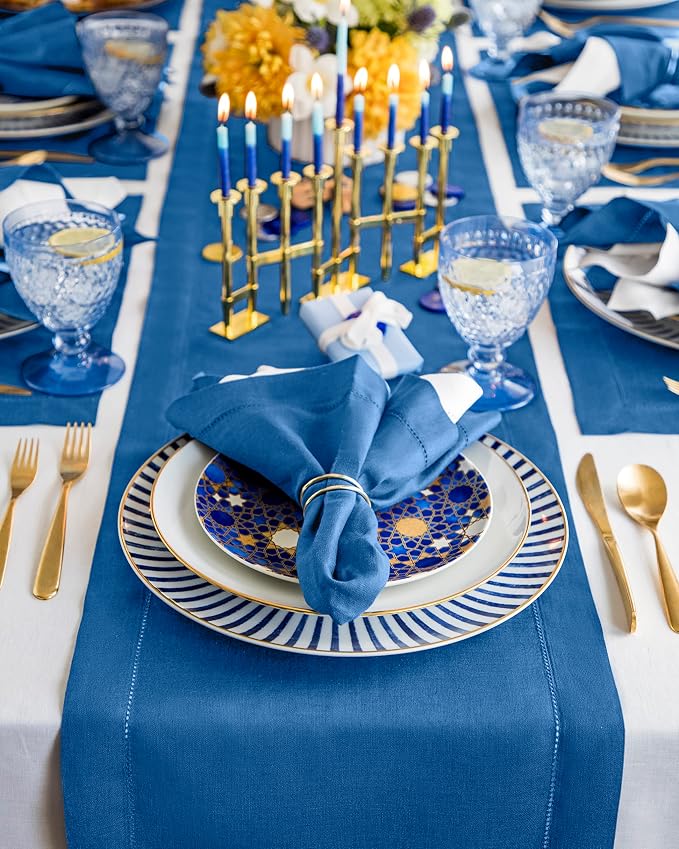 Solino Home 100% Pure Linen Table Runner Indigo Blue Hemstitch, 14 x 108 in | - Image 2