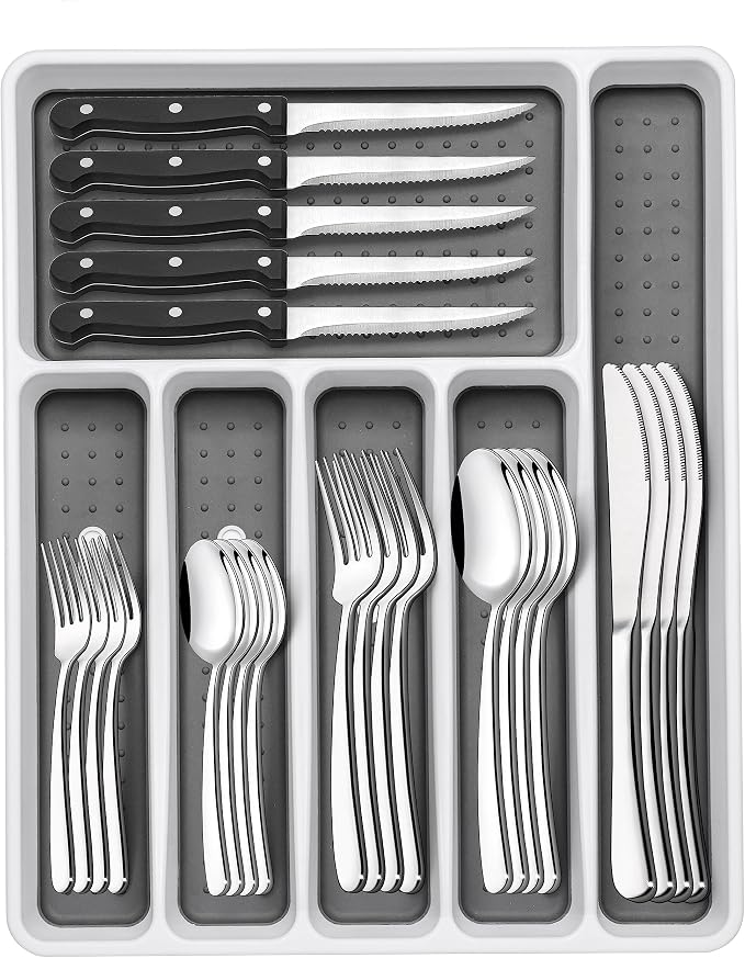 49-Piece Silverware Set with Organizer, Heavy Duty Stainless Steel Flatware Set by EWFEN