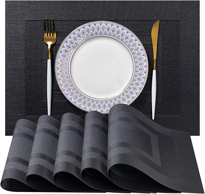 LEXMORE Placemats Set of 4 Vinyl/Plastic Woven Place Mats for Kitchen Table Indoor/Outdoor Washable Placemat Wipeable Dining Table Mats(Black Cube)