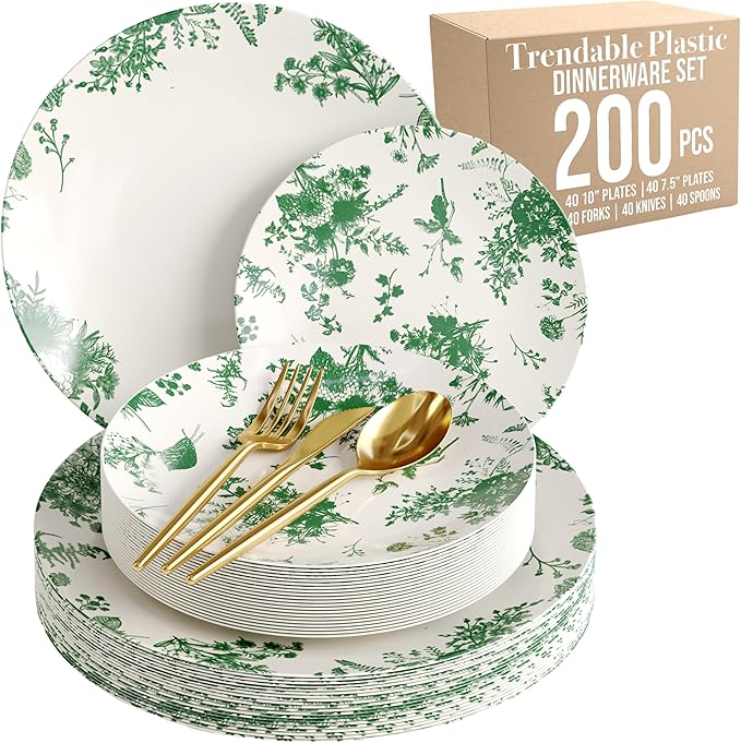 Trendables Fancy Plastic Dinnerware Sets 200 Pc Set 40 Guests Gold Silverware Disposable 40 X 10 Inch Charger Plates 40 X 8 Inch Dessert Plates 40 x Gold Plastic Forks and Spoons Knives In Verdure