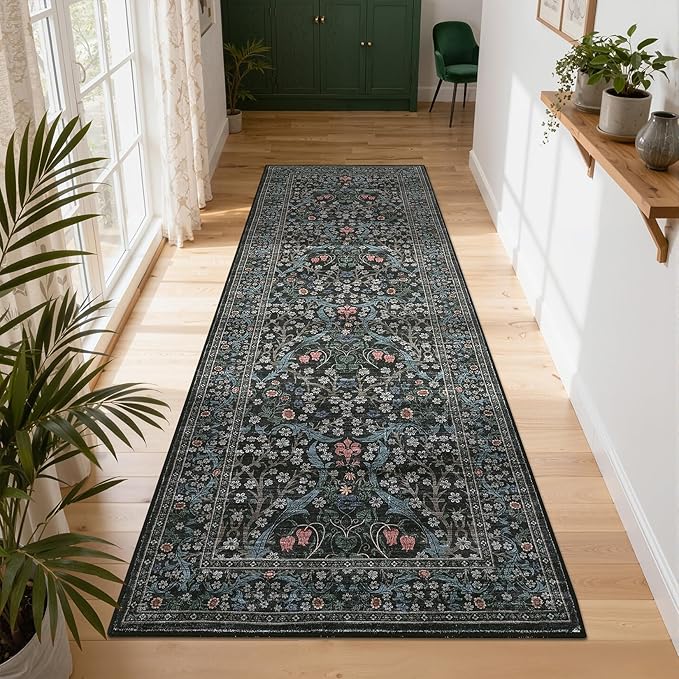 GarveeHome Washable Kitchen Runner Rug, Floral 2x6 Rug for Hallway Non Slip Stain Resistant, Ultra-Thin Boho Soft Hallway Rug Botanical Carpet for Entryway, Laundry Room, Bathroom Dark Black